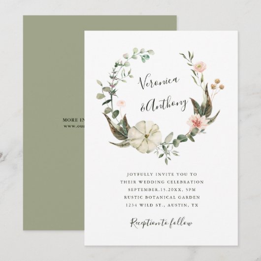 Botanische Floral Garden Elegant Wreath Wedding Kaart (Voorkant / Achterkant)