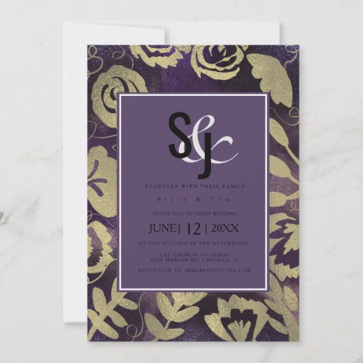 Botanische Floral Garden Roos Gold Paars bruiloft Kaart (Voorkant)