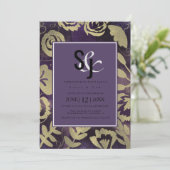 Botanische Floral Garden Roos Gold Paars bruiloft Kaart (Staand voorkant)