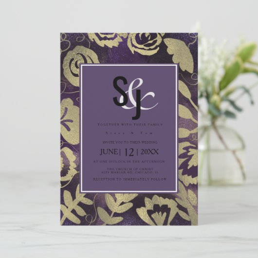 Botanische Floral Garden Roos Gold Paars bruiloft Kaart (Staand voorkant)