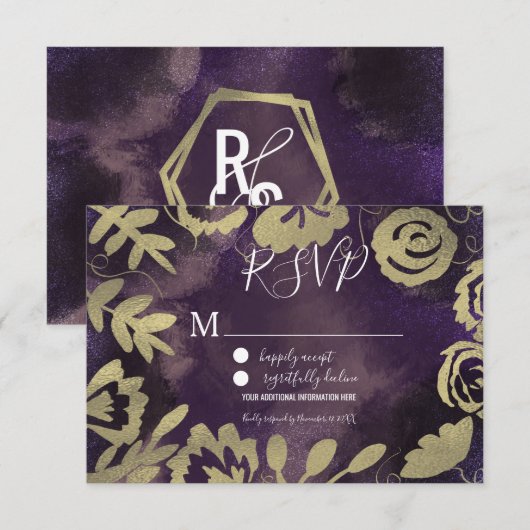 Botanische Floral Garden Roos Gold Paars bruiloft Kaart (Voorkant / Achterkant)