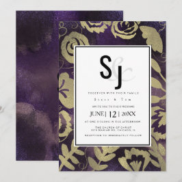 Botanische Floral Garden Roos Gold Paars bruiloft Kaart