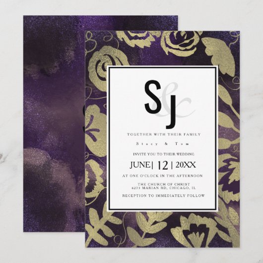 Botanische Floral Garden Roos Gold Paars bruiloft Kaart (Voorkant / Achterkant)