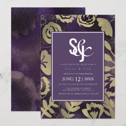 Botanische Floral Garden Roos Gold Paars bruiloft Kaart (Voorkant / Achterkant)