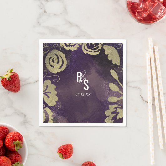 Botanische Floral Garden Roos Gold Paars bruiloft Servet (Insitu)