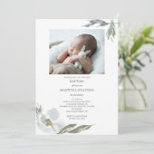 Botanische Floral Greenery Boy Baptism Foto Kaart (Staand voorkant)