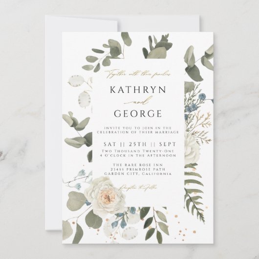 Botanische Floral Greenery Gold Calligraphy Weddin Kaart (Voorkant)