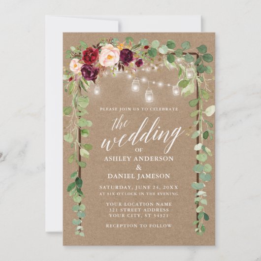Botanische Floral Lights Calligrafie Kraft Wedding Kaart (Voorkant)