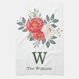 Botanische Floral Monogram / Rood & Witte Bloemen Theedoek