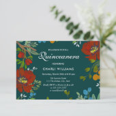 Botanische Floral Navy Quinceanera Party Invite Kaart (Staand voorkant)
