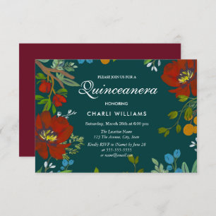 Botanische Floral Navy Quinceanera Party Invite Kaart