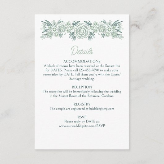 Botanische Floral Sage Mint Emerald Green Wedding Informatiekaartje (Voorkant)