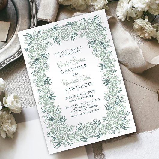 Botanische Floral Sage Mint Emerald Green Wedding Kaart