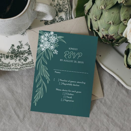 Botanische Floral Sage Mint Emerald Green Wedding RSVP Kaartje