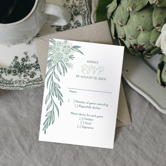 Botanische Floral Sage Mint Emerald Green Wedding RSVP Kaartje