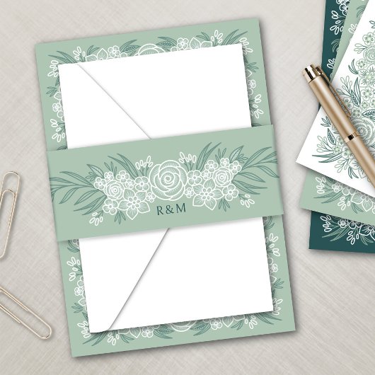 Botanische Floral Sage Mint Emerald Green Wedding Uitnodigingen Wikkel