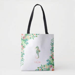 Botanische Floral Seahorse Monogram Tote Bag