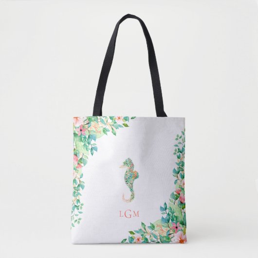 Botanische Floral Seahorse Monogram Tote Bag (Voorkant)