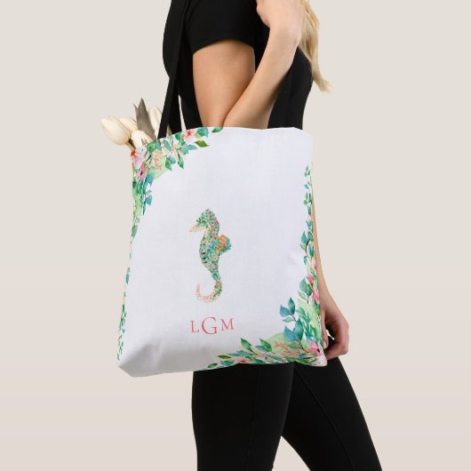 Botanische Floral Seahorse Monogram Tote Bag (Dichtbij)