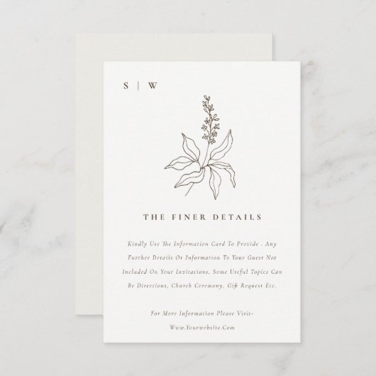 Botanische Floral Sketch Monogram Weddenschap Deta Informatiekaartje (Voorkant / Achterkant)