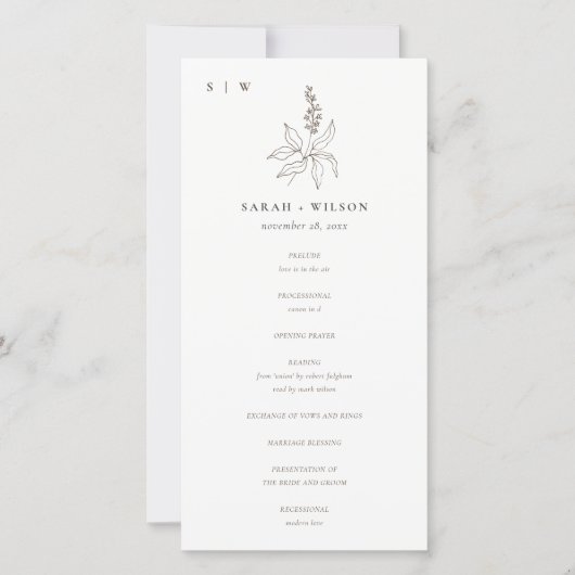 Botanische Floral Sketch Monogram Weddenschap Prog Bedankkaart (Voorkant)