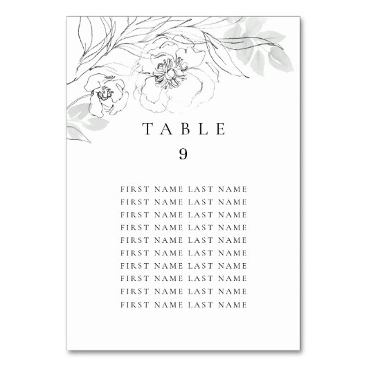 Botanische Floral Sketch Table Number w/ Names Kaart (Voorkant)