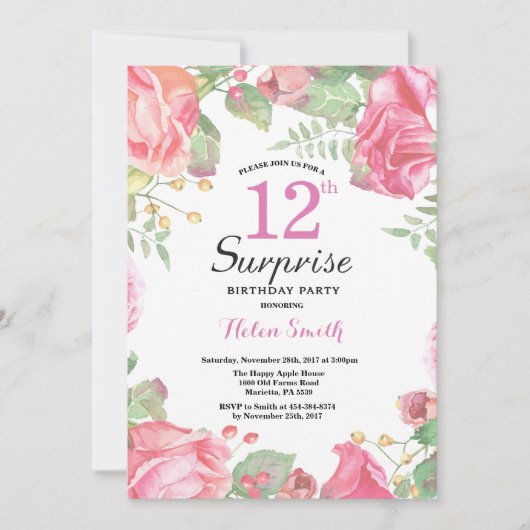 Botanische Floral Surprise 12th Birthday Invitatio Kaart (Voorkant)