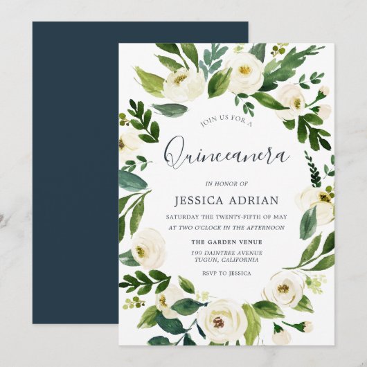 Botanische Floral Wreath Quinceanera Invitation Kaart (Voorkant / Achterkant)
