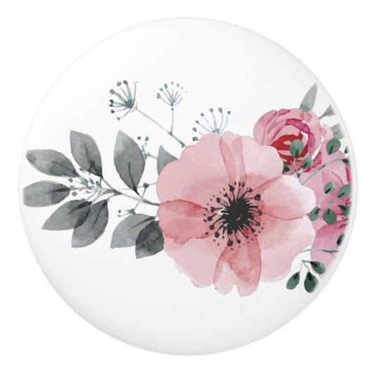 Botanische florale elegant grijze roze bloem keramische knop (Voorkant)