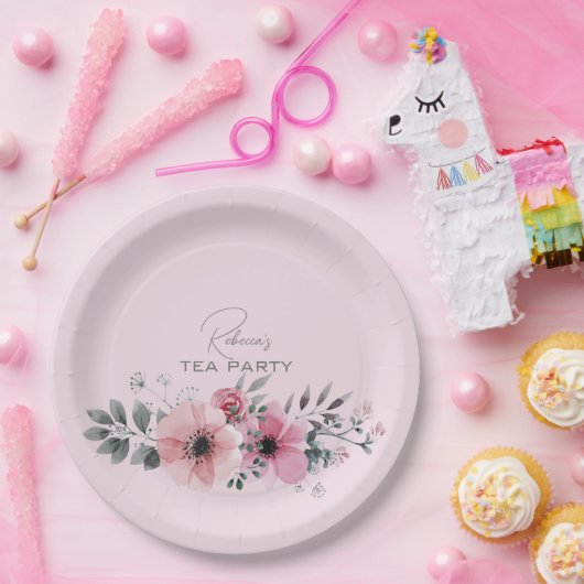 Botanische florale elegant grijze roze bloem papieren bordje (Feest)