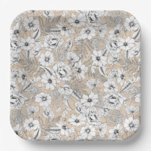 Botanische florale lijntrekkers tan-beige appel papieren bordje