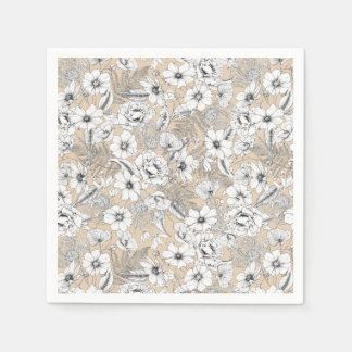 Botanische florale lijntrekkers tan-beige servet