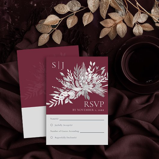 Botanische Foliage Burgundy Monogram Weddenschap R RSVP Kaartje