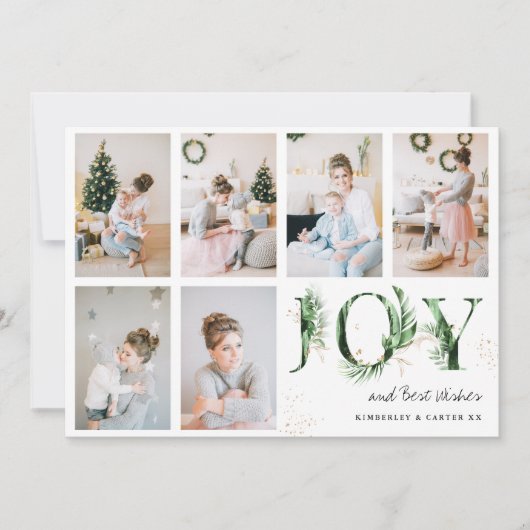 Botanische Foliage & Gold JOY Photo Grid met kerst Feestdagenkaart (Voorkant)
