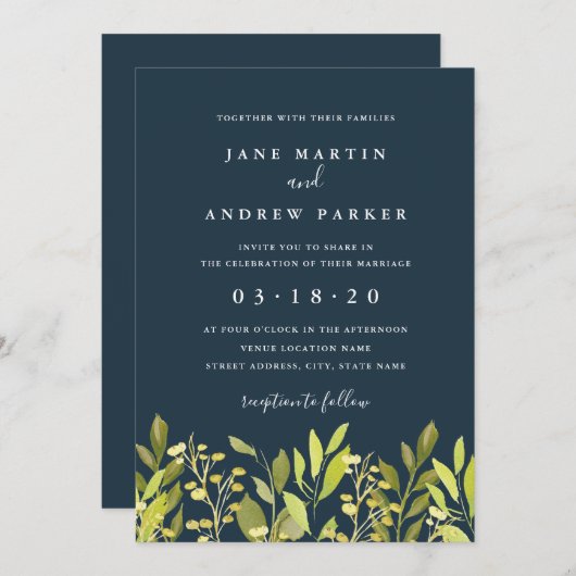 Botanische Foliage Groene Marine Huwelijksuitnodig Kaart (Voorkant / Achterkant)