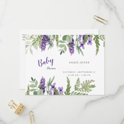 Botanische foliage Lavender Baby shower Uitnodiging Briefkaart (Voorkant / Achterkant in situ)