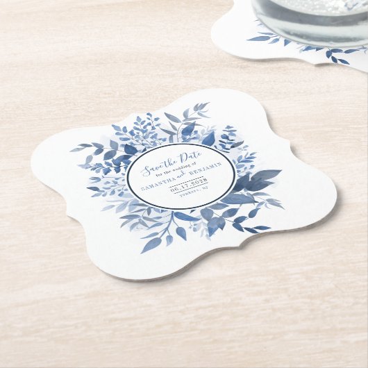 Botanische Foliage Script Navy Blue Save the Date Kartonnen Onderzetters (Gekanteld)