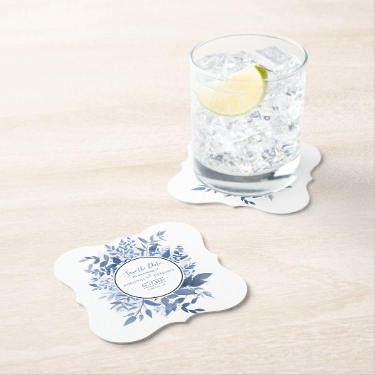 Botanische Foliage Script Navy Blue Save the Date Kartonnen Onderzetters (Insitu)