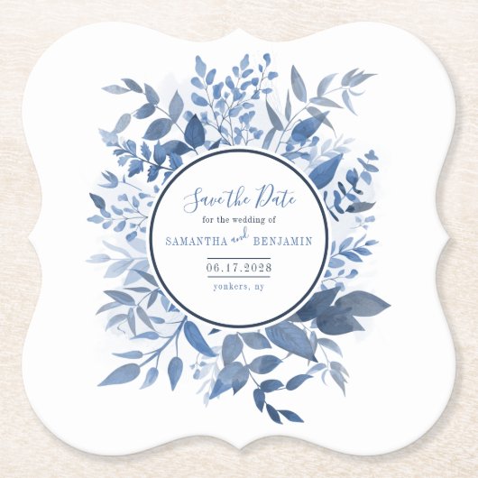 Botanische Foliage Script Navy Blue Save the Date Kartonnen Onderzetters (Voorkant)