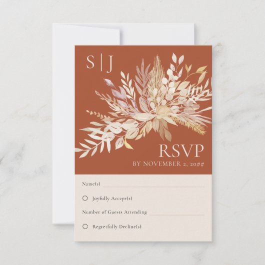 Botanische Foliage Terracotta Monogram Weddenschap RSVP Kaartje (Voorkant)