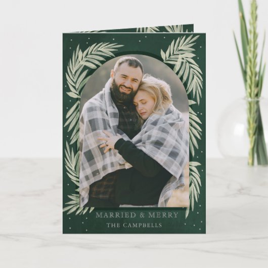 Botanische foto groene zilver Merry Arch Feestdagen Kaart (Voorkant)