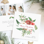 Botanische foto Kerst Kaarten<br><div class="desc">Botanische foto Kerst Kaarten. Leg de essentie van het seizoen vast met deze vierkante kaart van het Red Holiday Waterverf Botanical Christmas Kaarten Collectie. De voorkant is voorzien van een elegant "Merry Christmas" script, omlijst door levendige rode bloemen en groen op een frisse witte achtergrond, het aanbieden van een klassieke...</div>