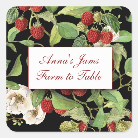 Botanische frambozen op zwarte achtergrond vierkante sticker (Voorkant)