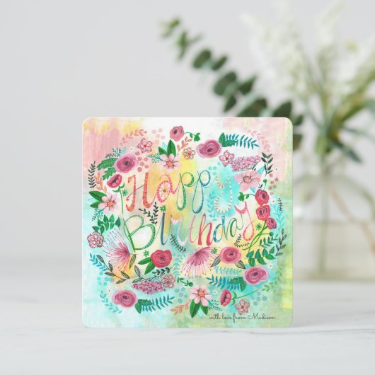 Botanische gele en roze bloemen kaart (Staand voorkant)