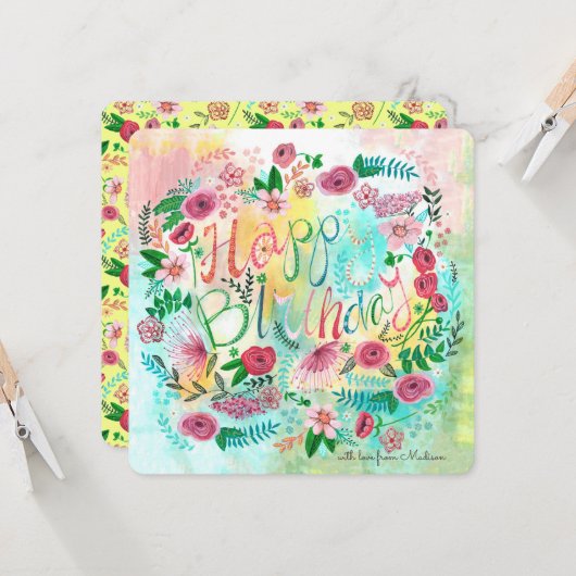 Botanische gele en roze bloemen kaart (Voorkant / Achterkant in situ)