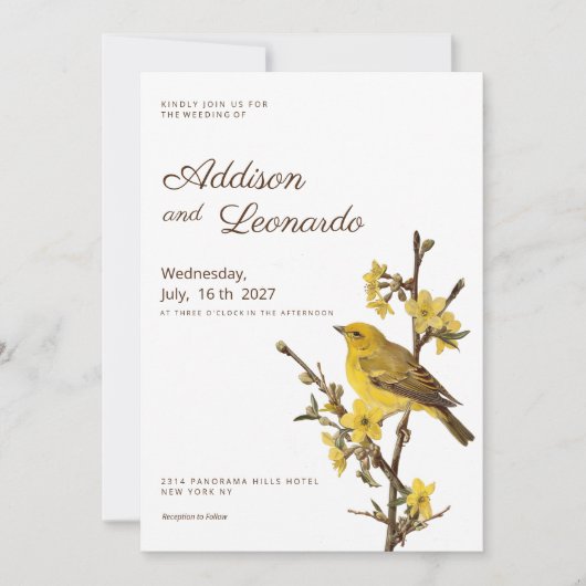 Botanische gele vogel appel bloem zomer bruiloft kaart (Voorkant)