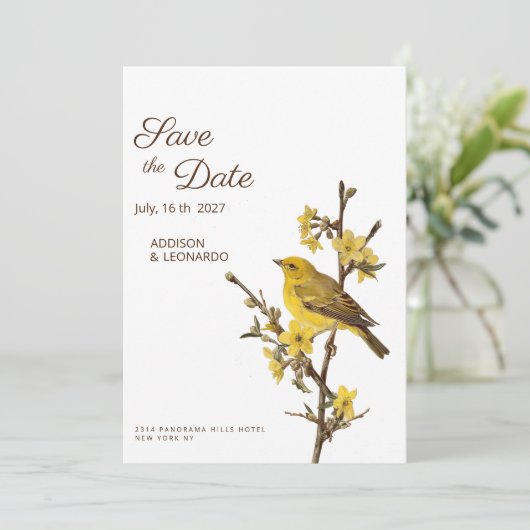 Botanische gele vogel bloem zomer Save the Date Kaart (Staand voorkant)