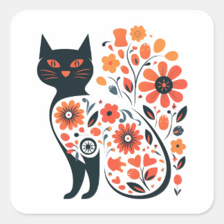 Botanische gelukskat silhouet vierkante sticker