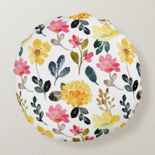Botanische gelukzaligheid – Roze & Gele Waterverf  Rond Kussen