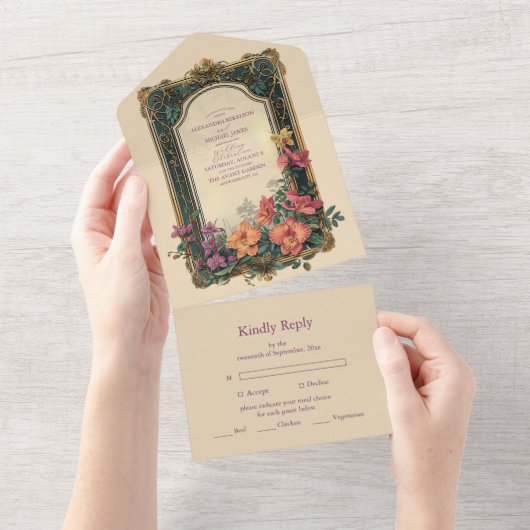 Botanische gelukzaligheid Wildbloemen Art Nouveau All In One Uitnodiging (Afscheurbaar)